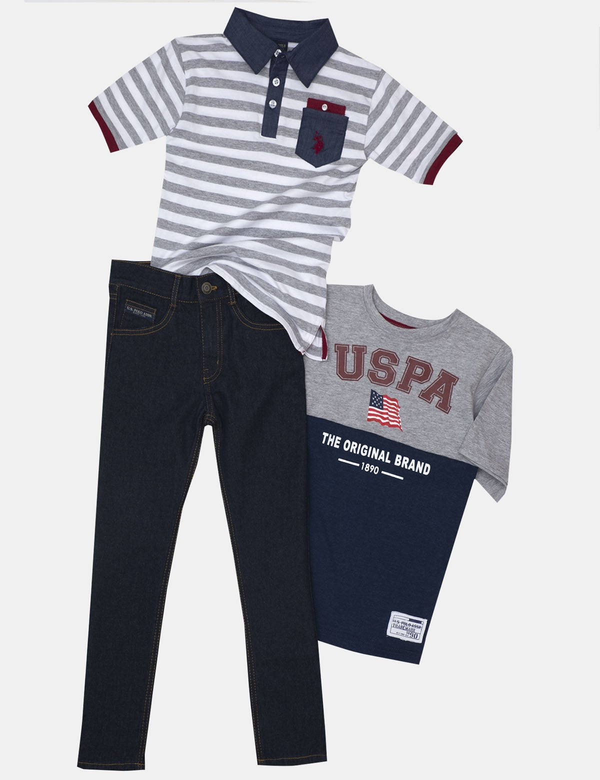 Boys' 3-Piece Outfit: Polo Shirt, Tee & Denim Pants Set