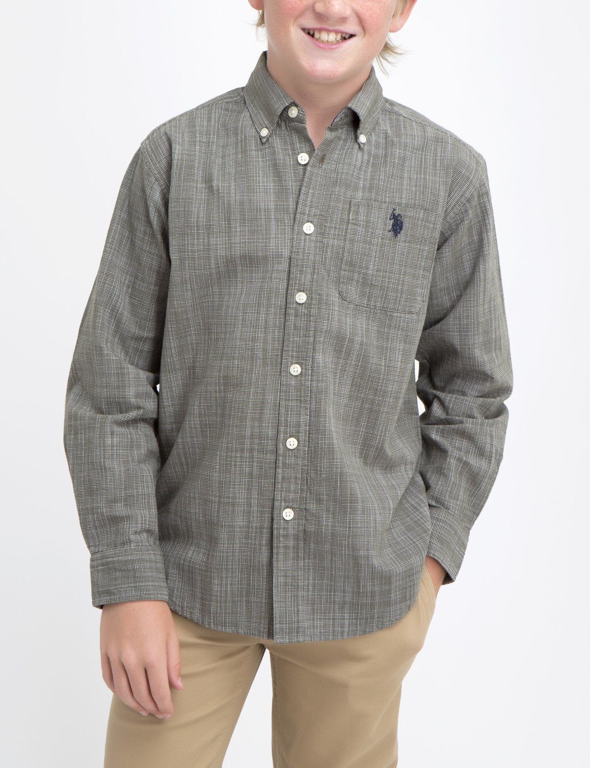 Boys Long Sleeve Cotton Dobby Shirt with Front Pocket | Button-Up