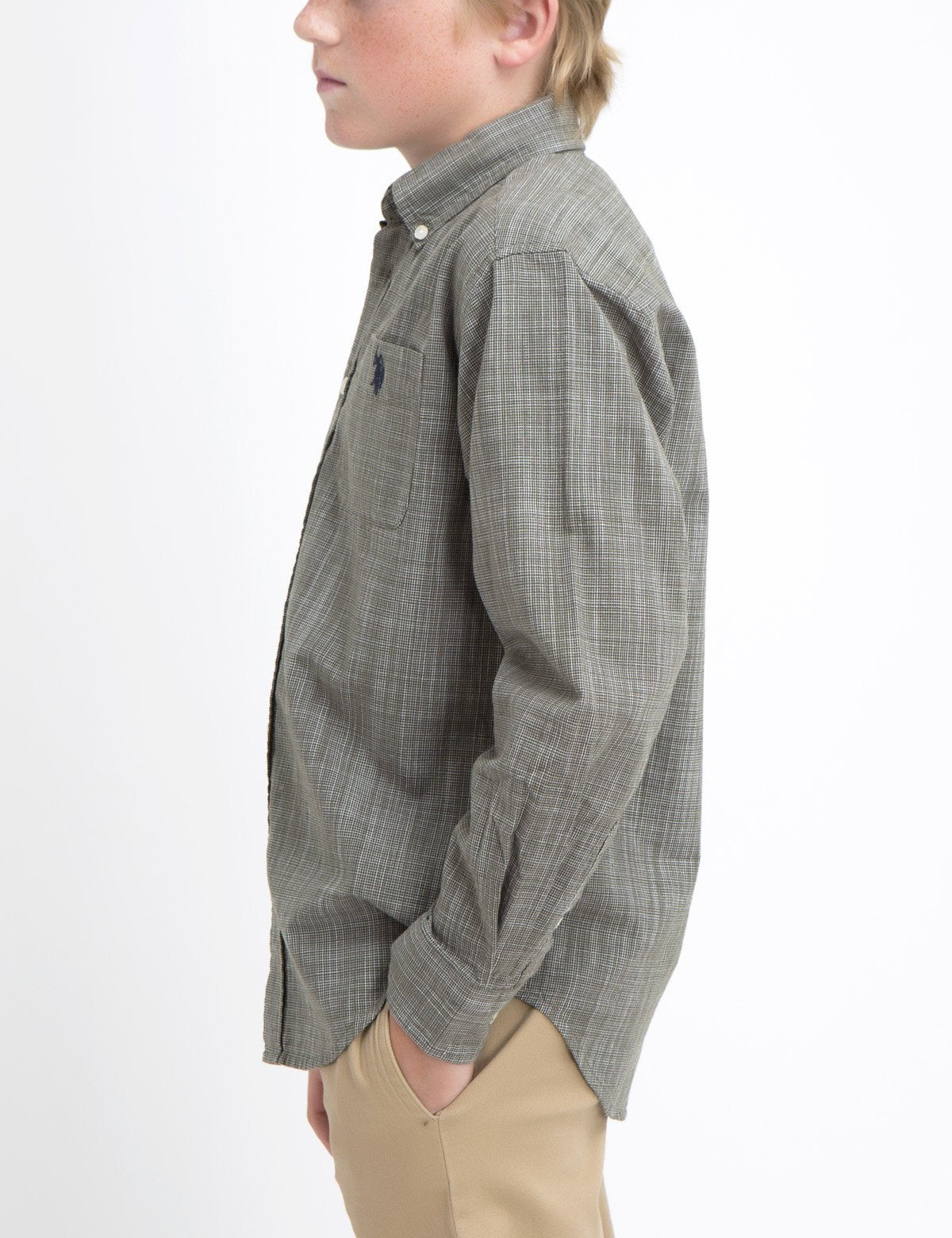 Boys Long Sleeve Cotton Dobby Shirt with Front Pocket | Button-Up