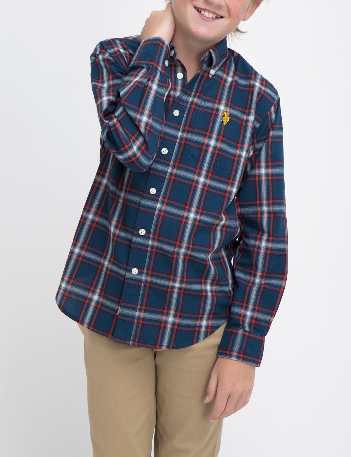 Boys Plaid Shirt with Chest Pockets & Roll-Tab Cuffs | Cotton Blend