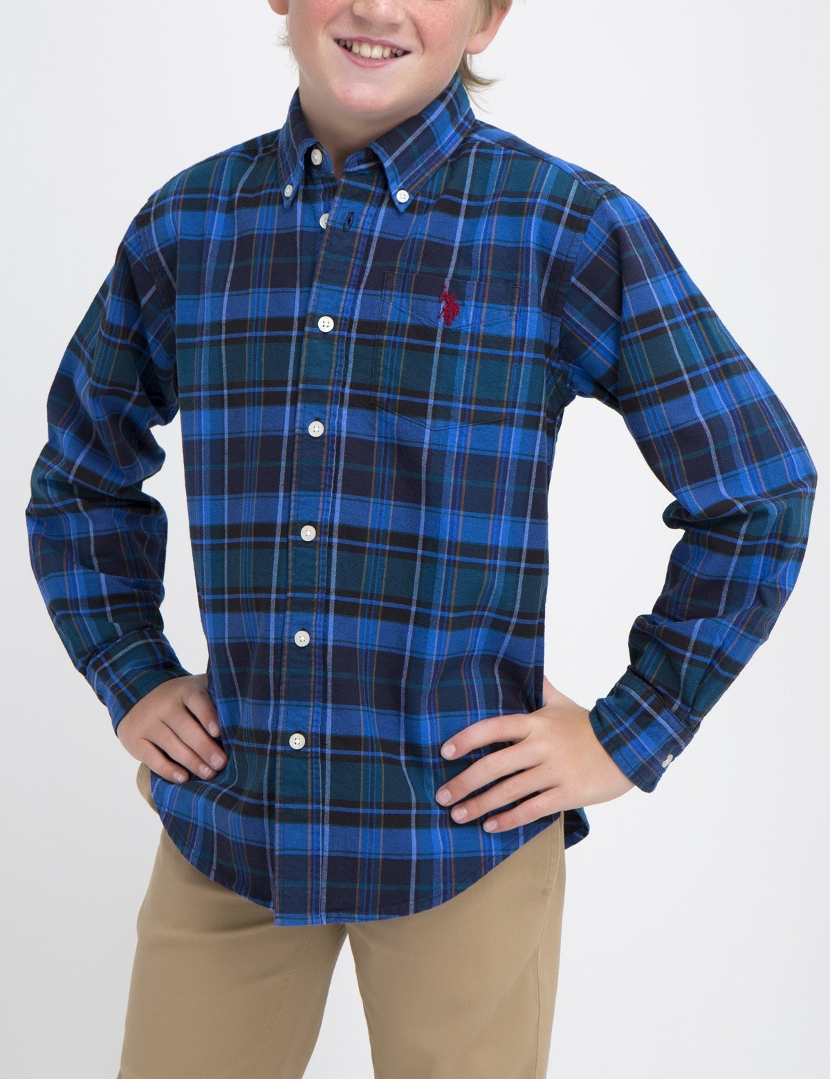Boys Plaid Shirt with Chest Pockets & Roll-Tab Cuffs | Cotton Blend