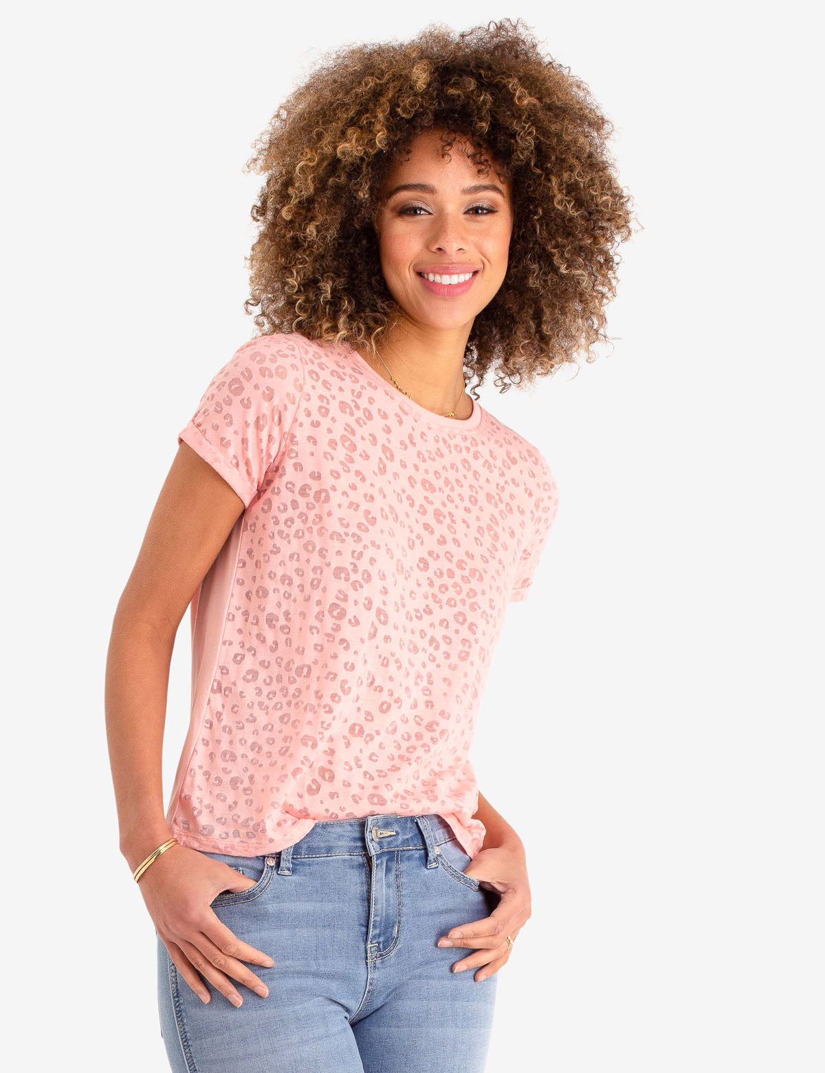 Cheetah Print T-Shirt with Sheer & Solid Details | Burnout