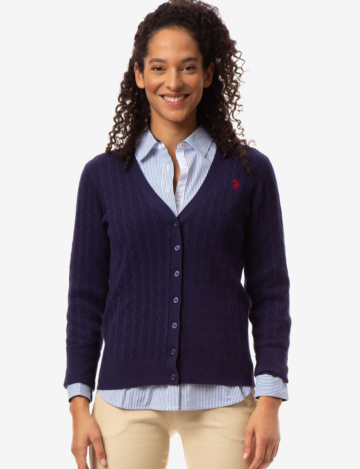 Button-Front Cable Knit Cardigan with Embroidered Logo | CozyStyle