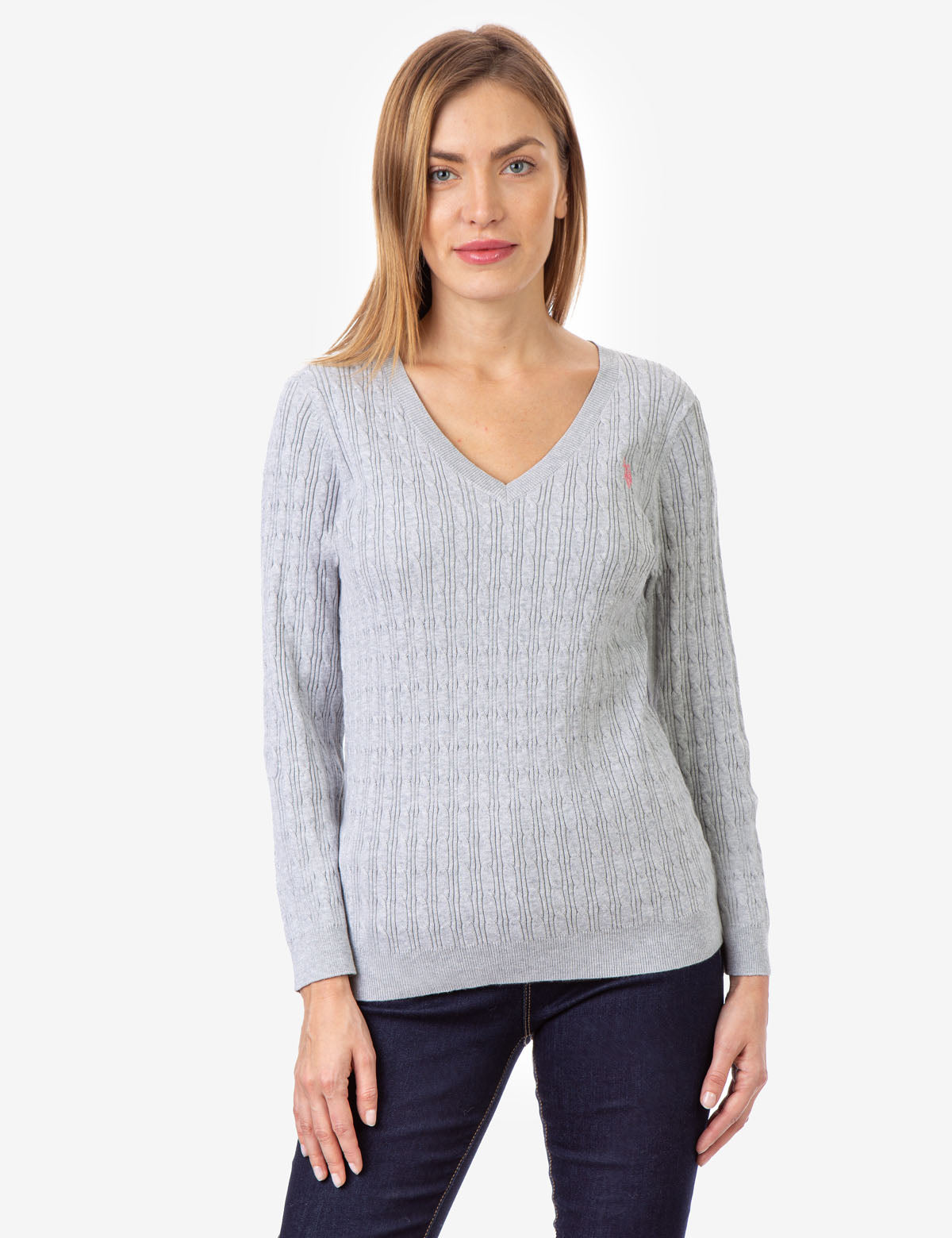 Women's Cable Knit V-Neck Sweater with Long Sleeves | CozyStyle