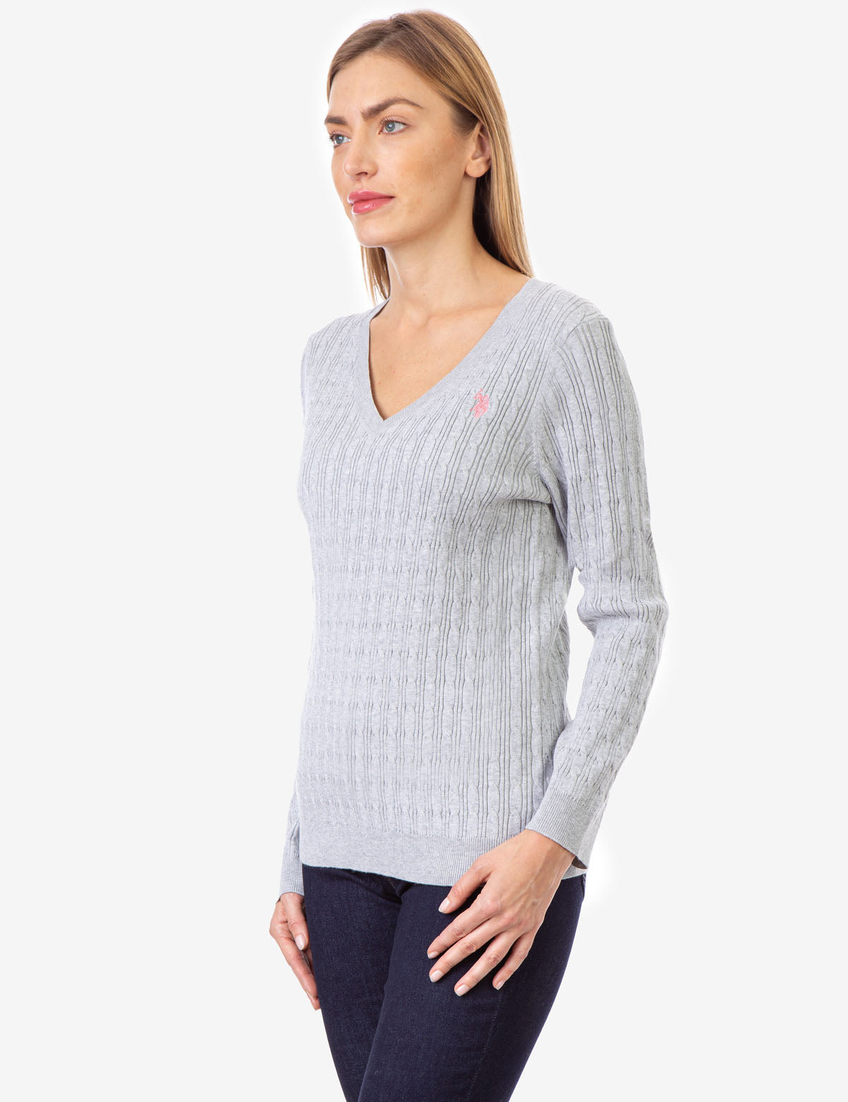 Women's Cable Knit V-Neck Sweater with Long Sleeves | CozyStyle