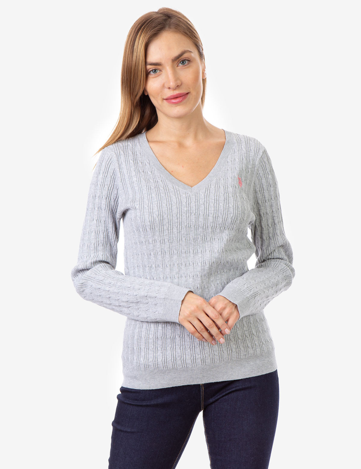 Women's Cable Knit V-Neck Sweater with Long Sleeves | CozyStyle