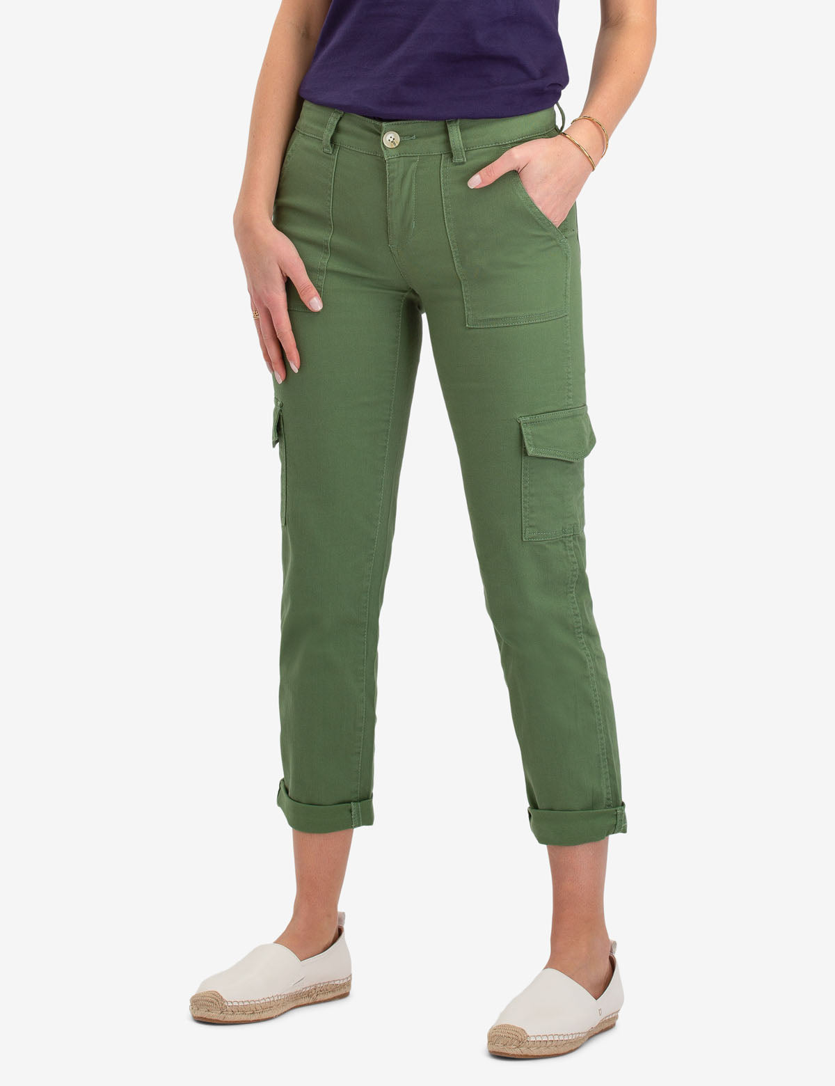 Stretch Twill Cargo Crop Pants with Functional Pockets | 97% Cotton