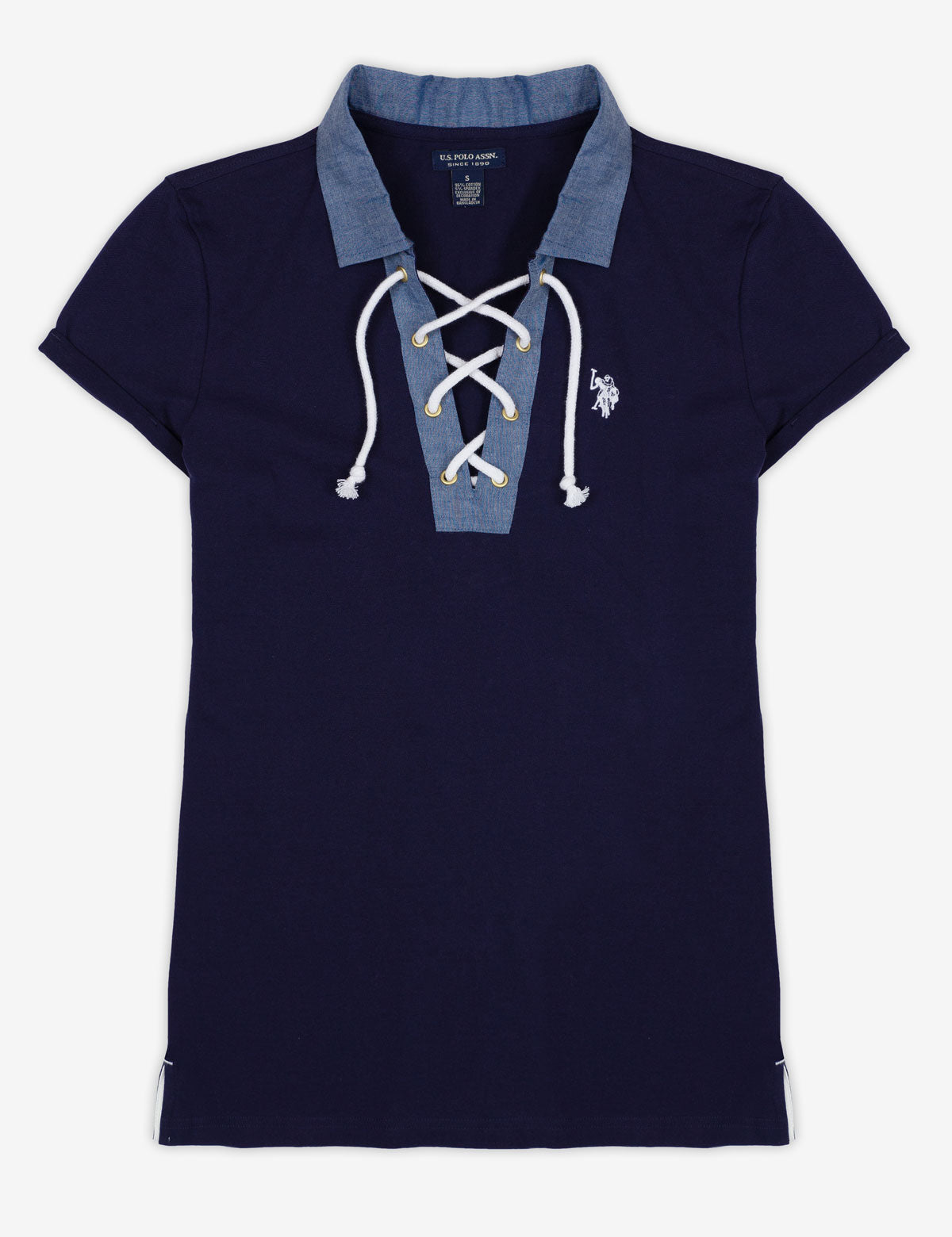V-Neck Lace-Up Polo Shirt with Chambray Collar | Classic Style