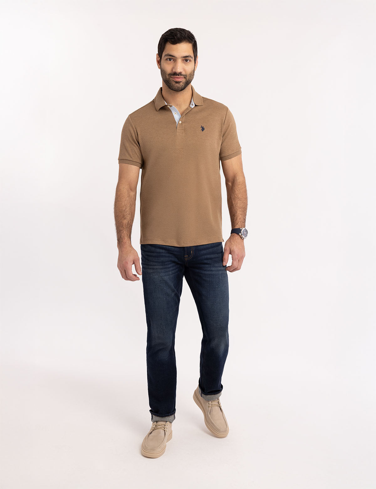 Solid Interlock Polo Shirt with Woven Trim | Classic Fit