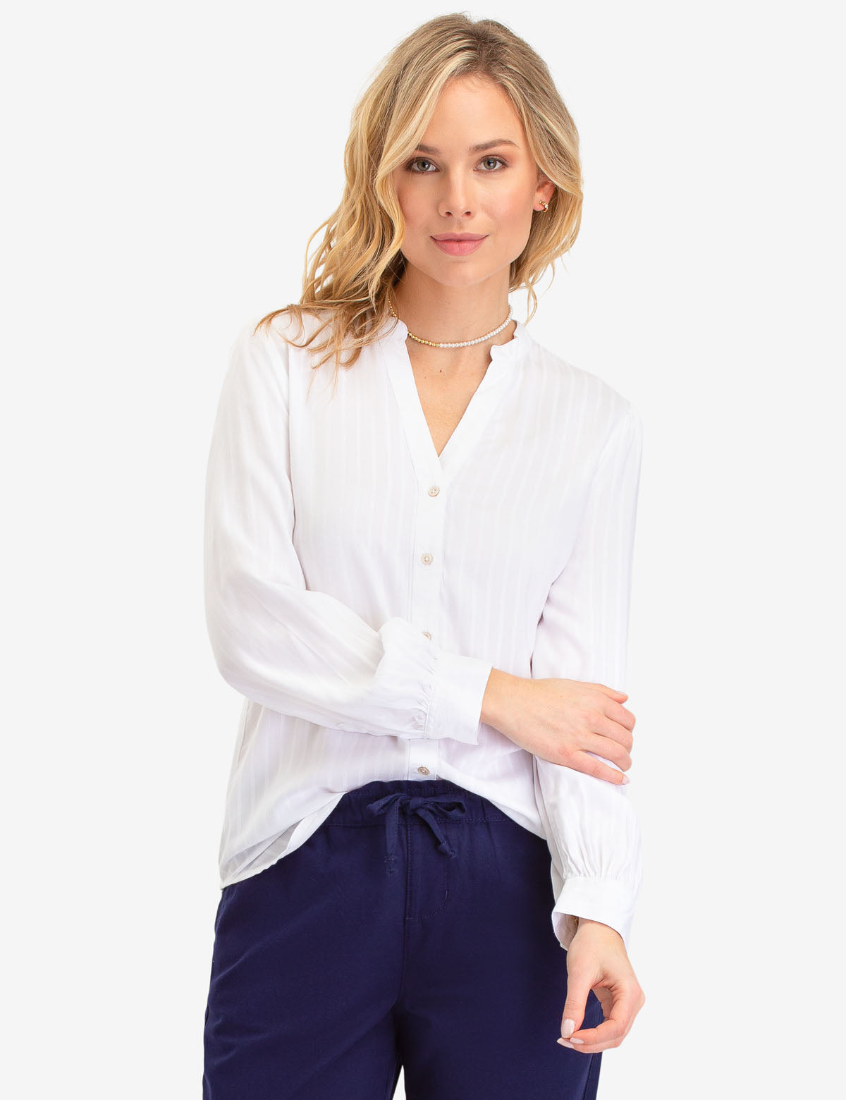 Chenille Stripe Long Sleeve Button-Up Shirt | V-Neck & Cuffed Sleeves