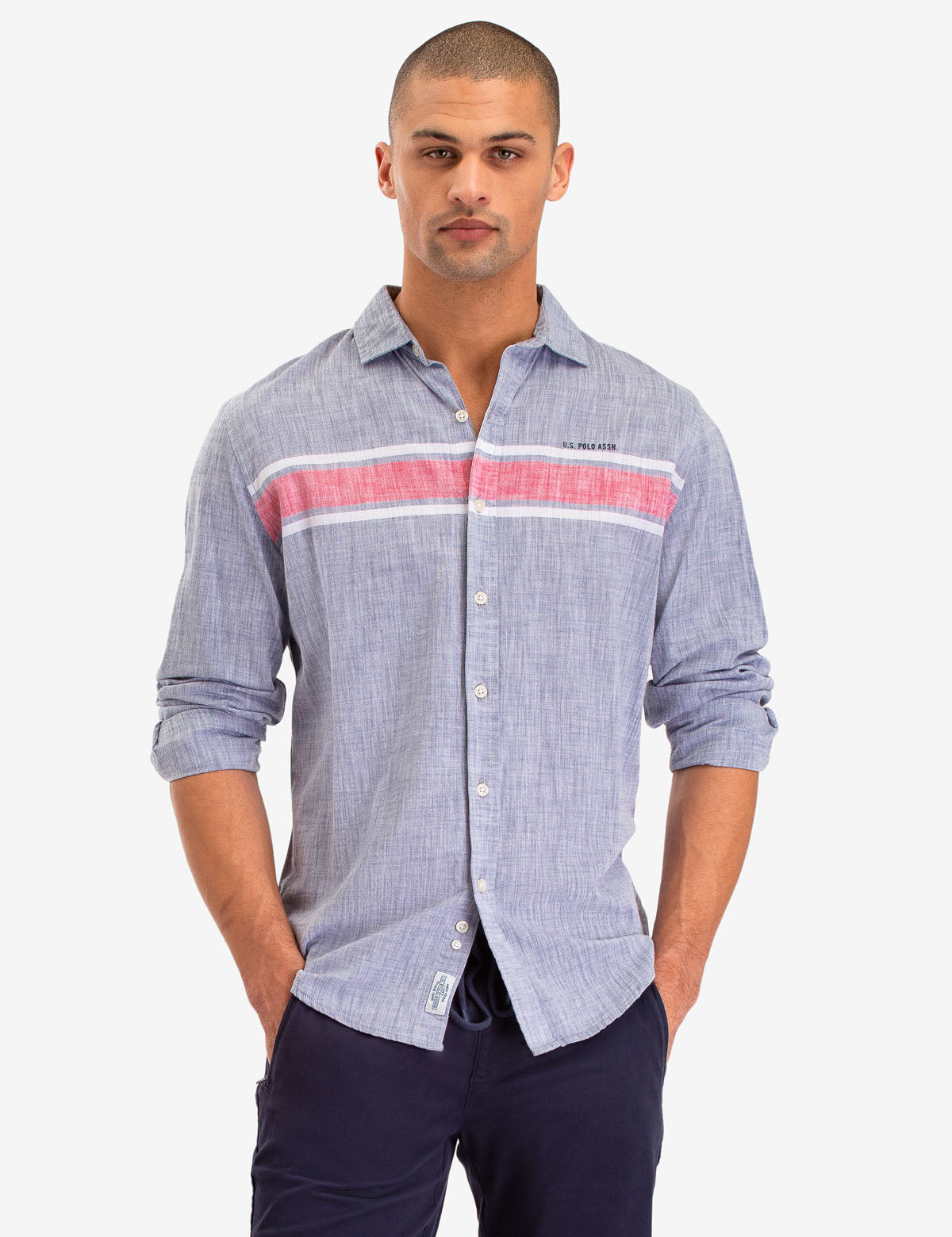 Men's Cotton Chest Stripe Long Sleeve Shirt | Button-Up Casual