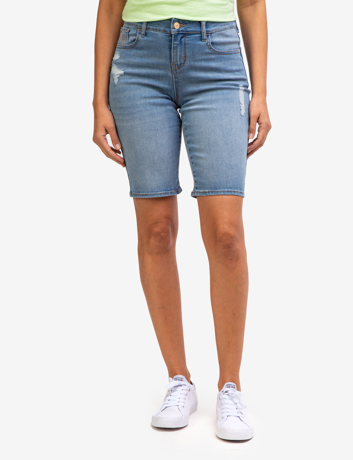 Classic Denim Bermuda Shorts with Functional Pockets | Distressed Style