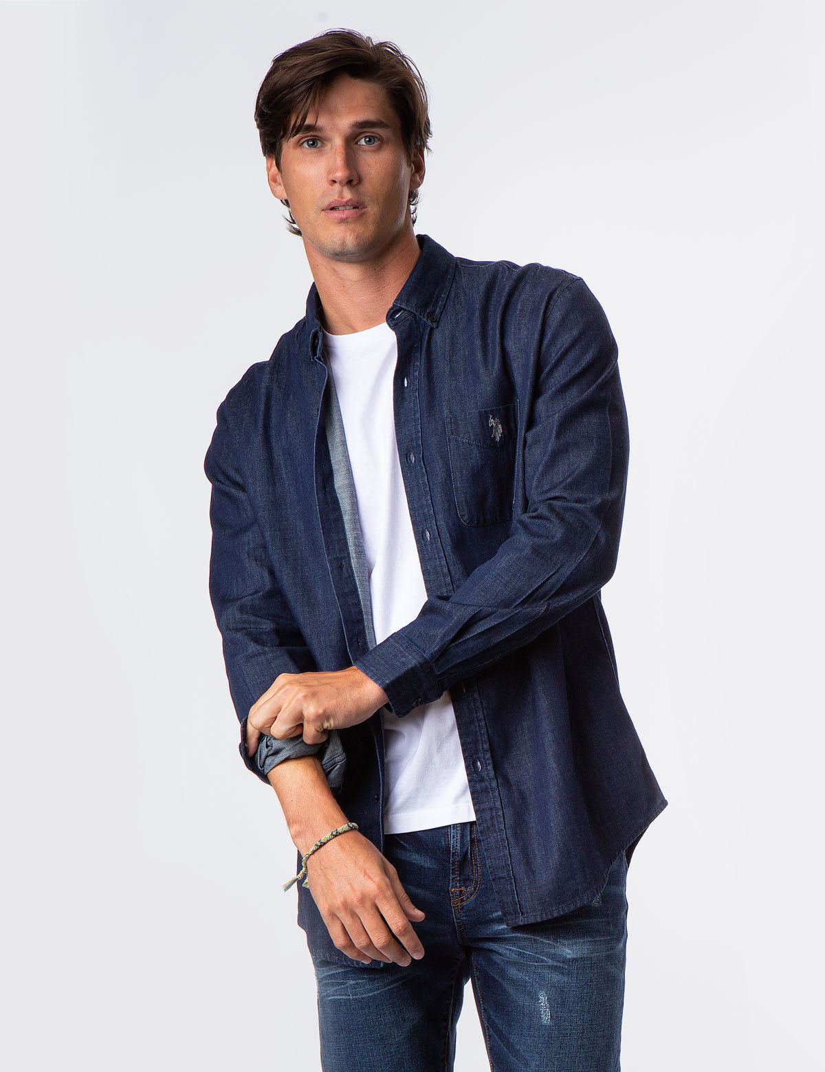 Classic Fit Denim Shirt with Button Front & Chest Pocket