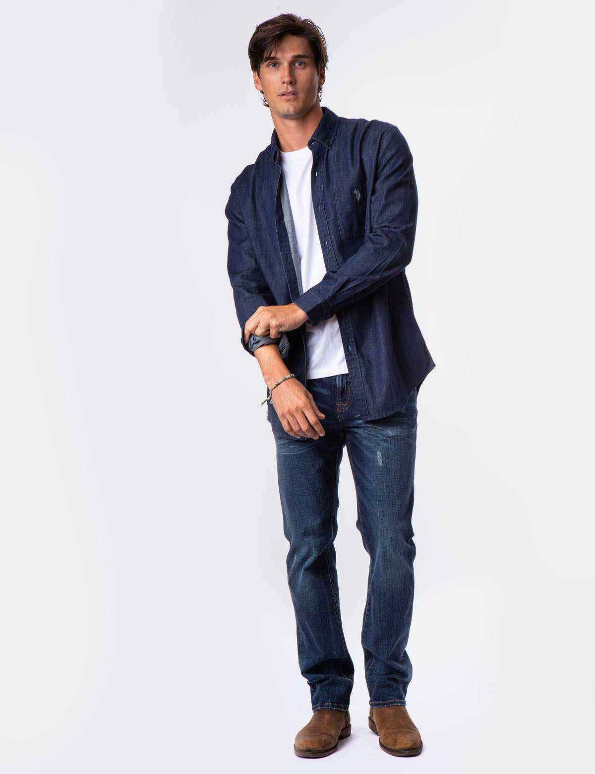Classic Fit Denim Shirt with Button Front & Chest Pocket