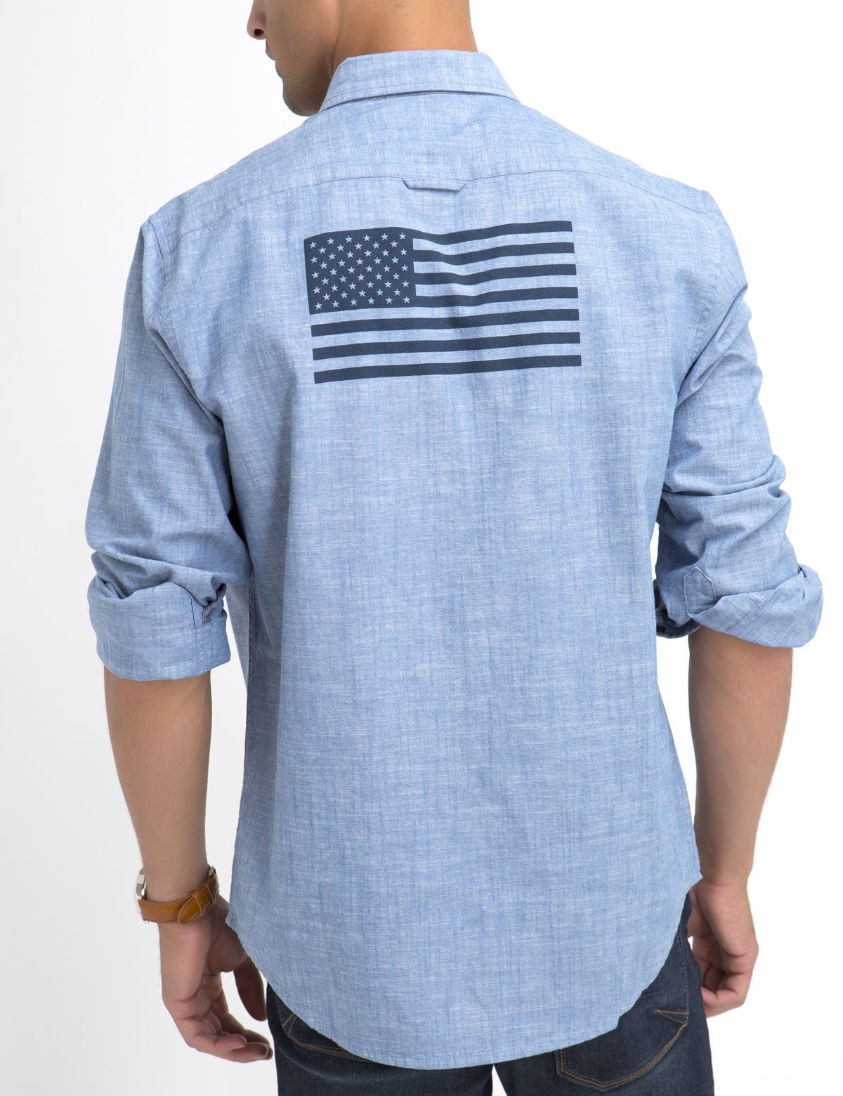 Classic Fit Cotton Canvas Shirt with US Flag Design | Long Sleeve