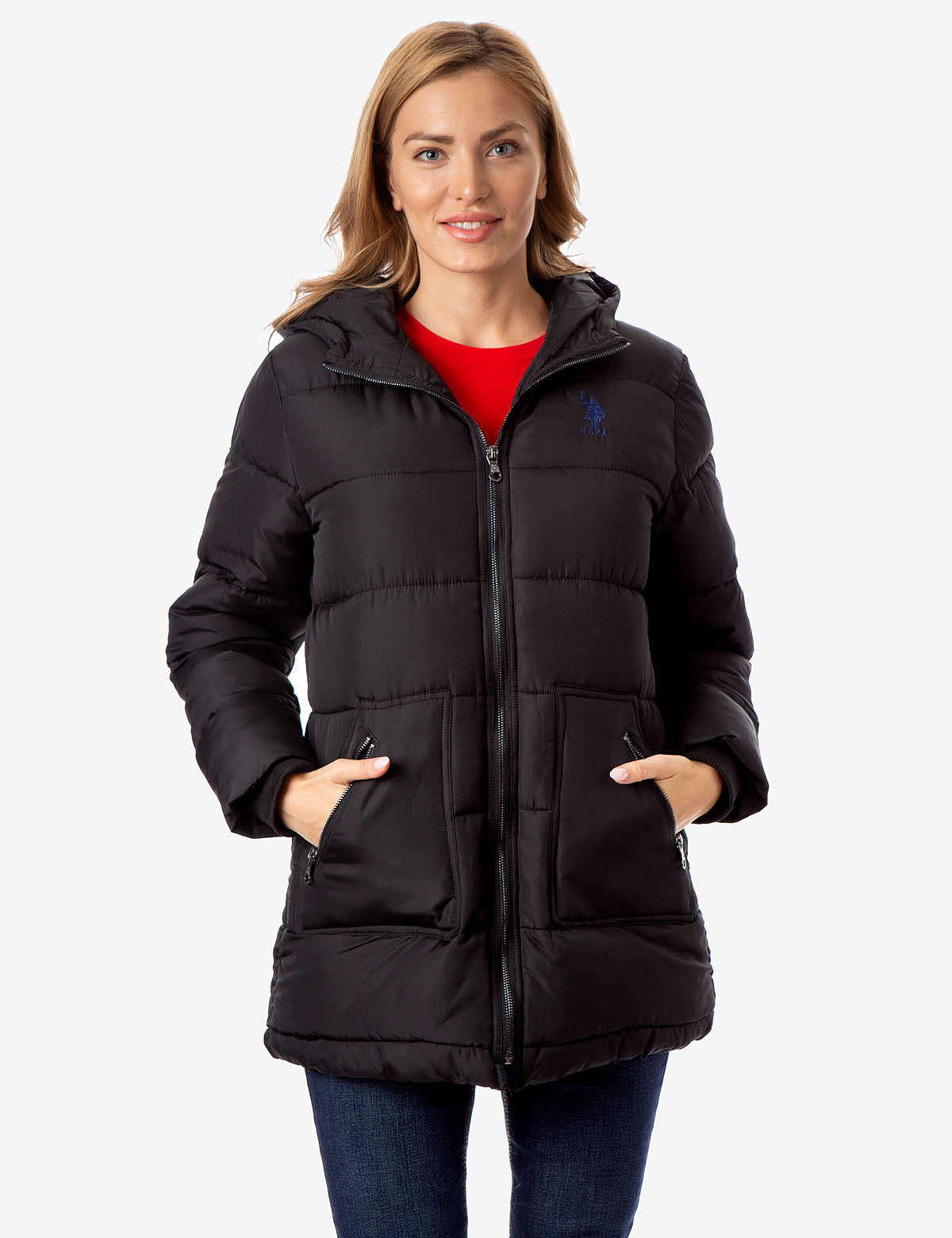 Classic Long Hooded Jacket with Zipper Pockets & Stand Collar