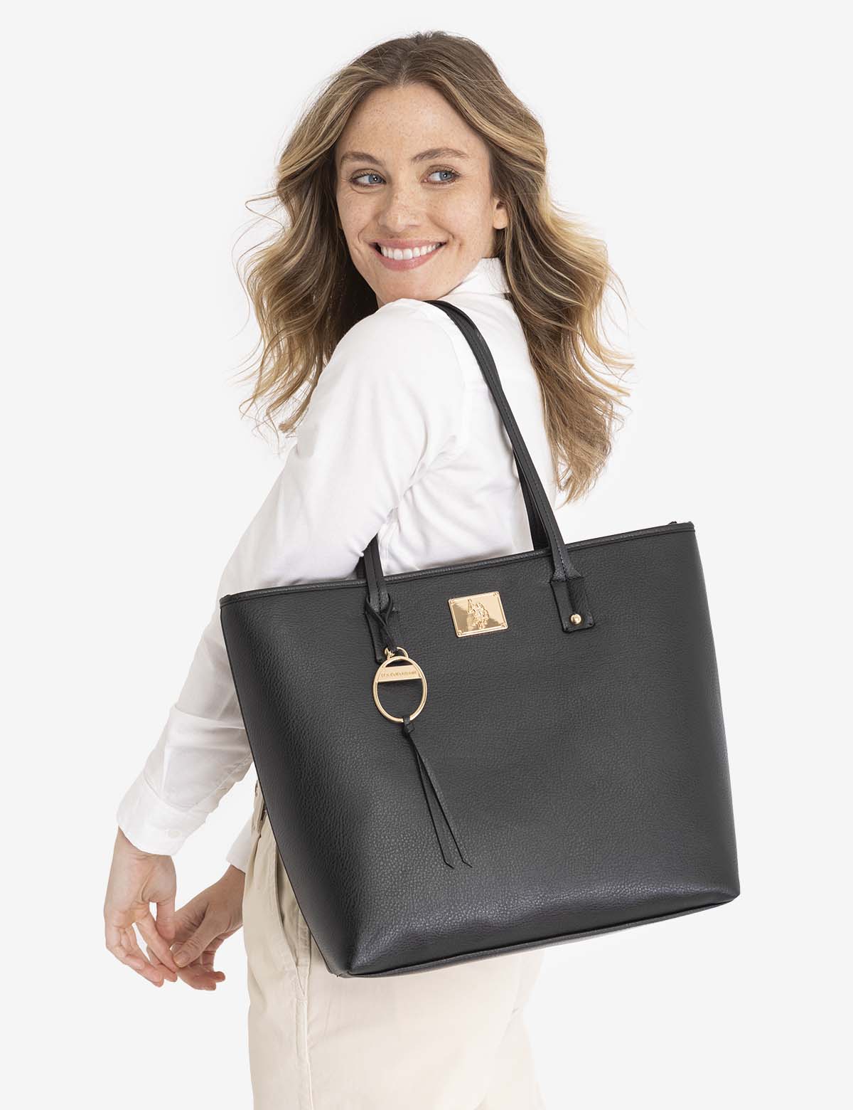 Classic Solid PU Tote with Zip Closure & Exterior Pocket | USPA
