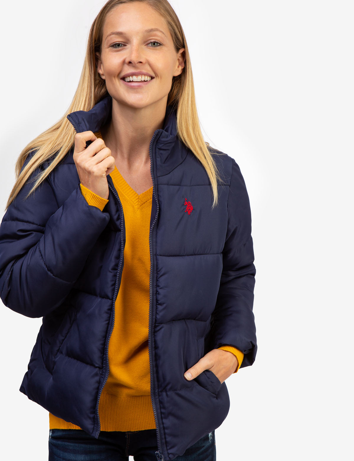 Classic Zip Front Puffer Jacket with Mock Neck & Hand Pockets