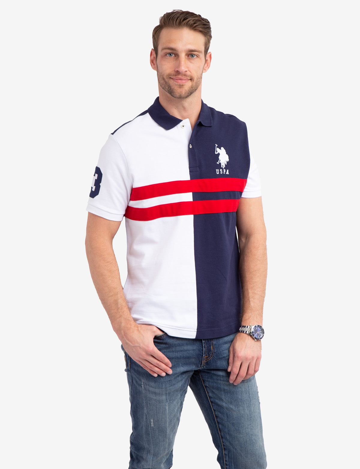 Colorblock Stripe Polo Shirt with Contrast Logo | Collared Men's Top