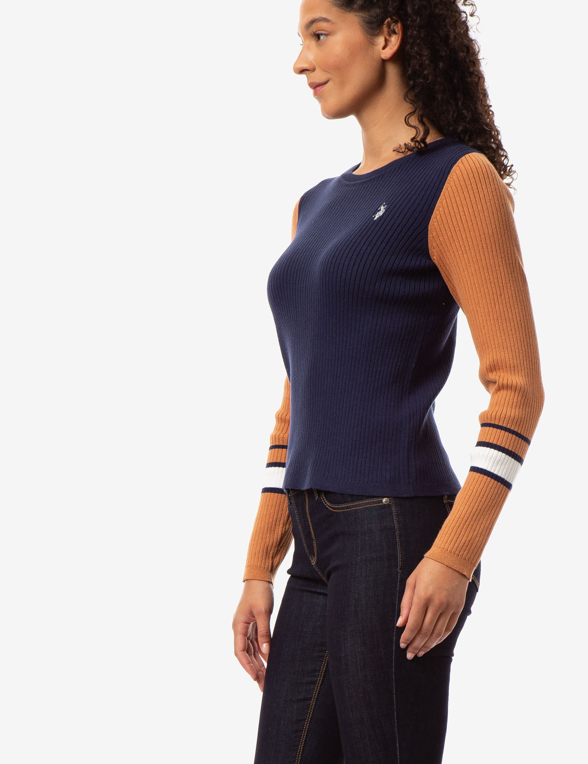Colorblock Rib Knit Sweater with Contrast Sleeves | Crew Neck Design