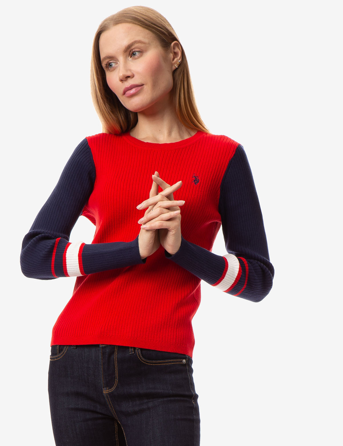 Colorblock Rib Knit Sweater with Contrast Sleeves | Crew Neck Design