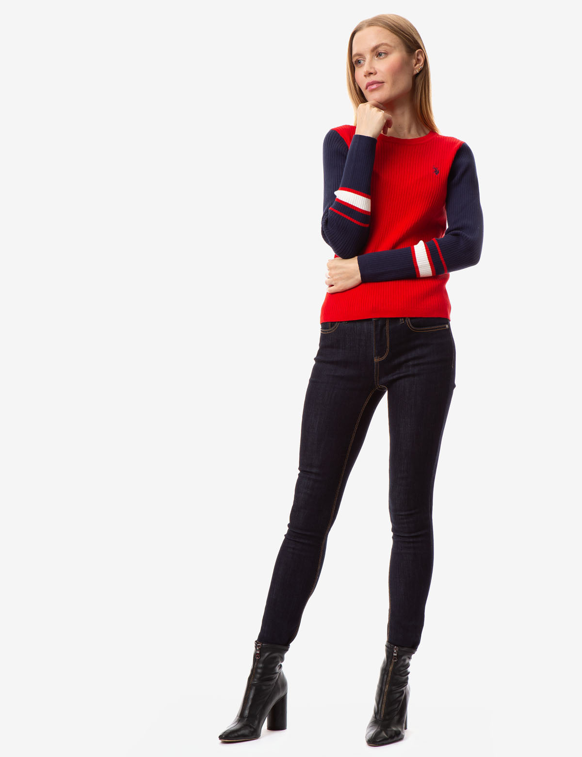 Colorblock Rib Knit Sweater with Contrast Sleeves | Crew Neck Design