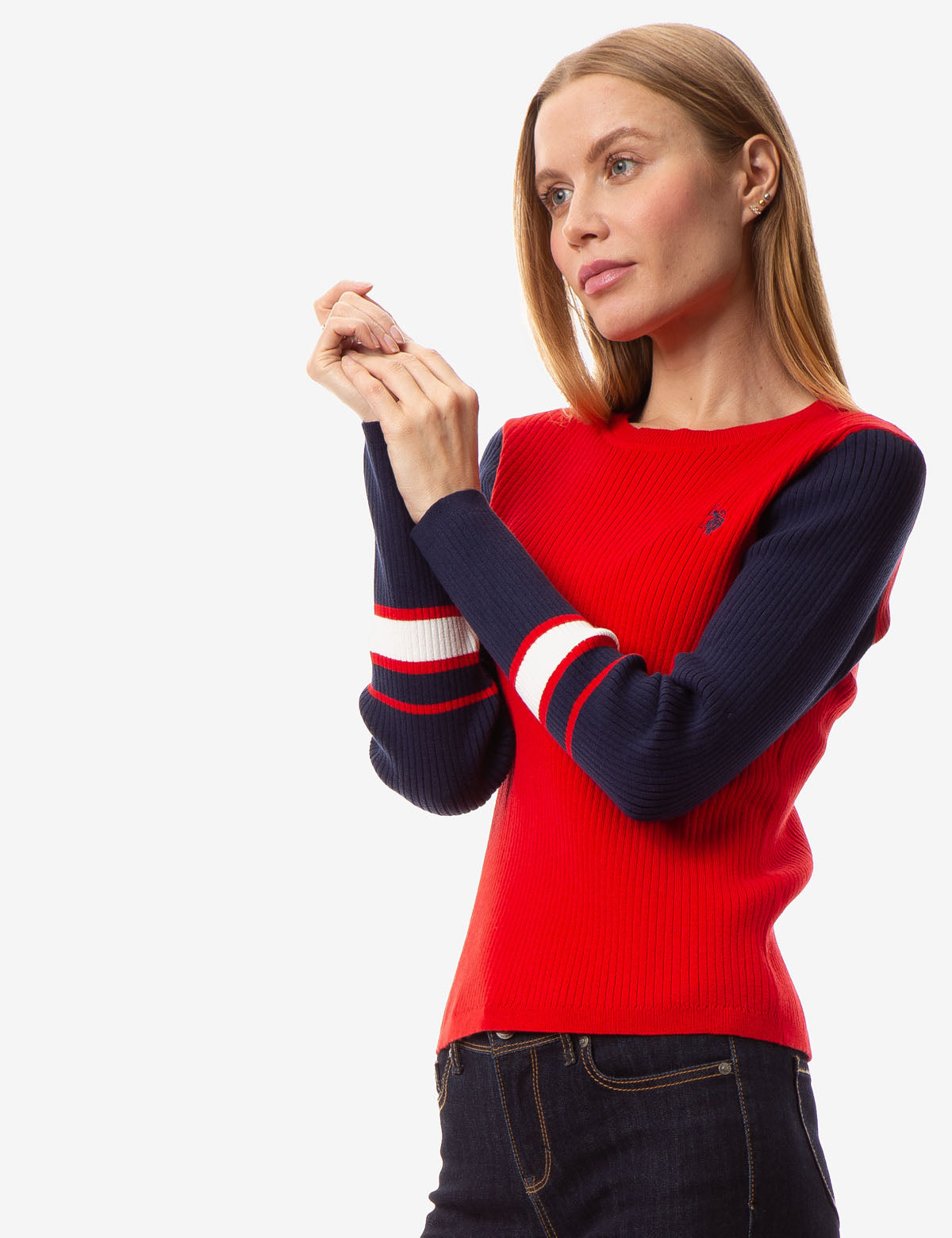 Colorblock Rib Knit Sweater with Contrast Sleeves | Crew Neck Design