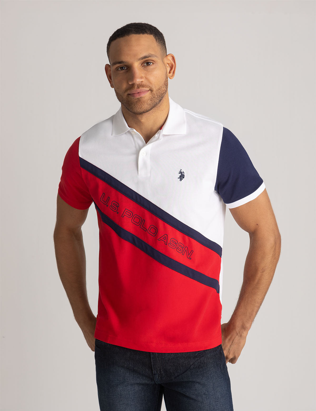 Color Block Polo Shirt with Diagonal Sash Design