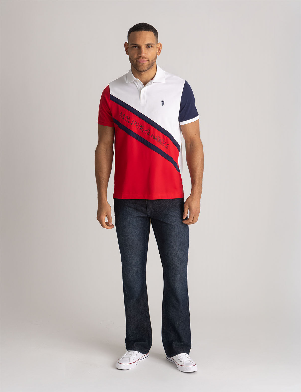 Color Block Polo Shirt with Diagonal Sash Design