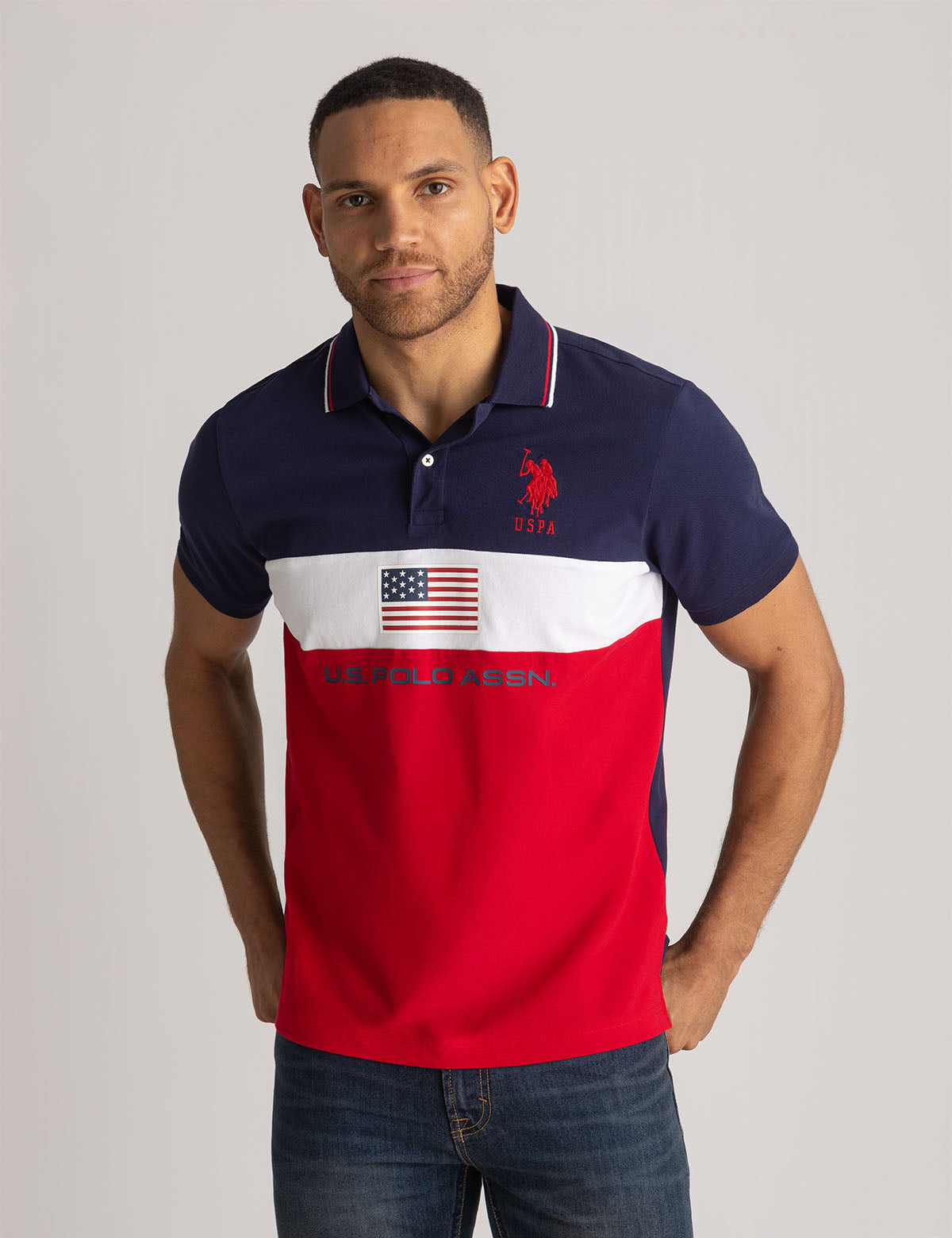 Color Block Pique Polo Shirt with Flag Design