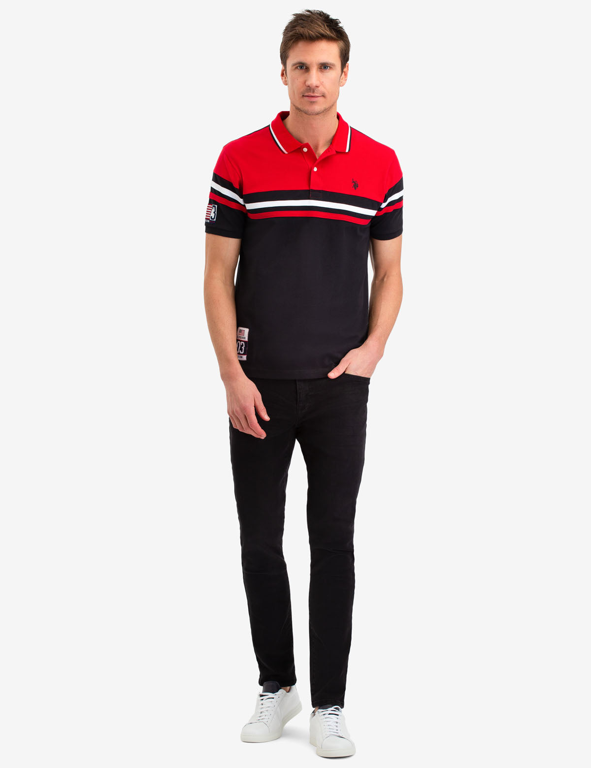 Colorblock Stripe Polo Shirt with Button Placket & Logo | Casual Men's Top