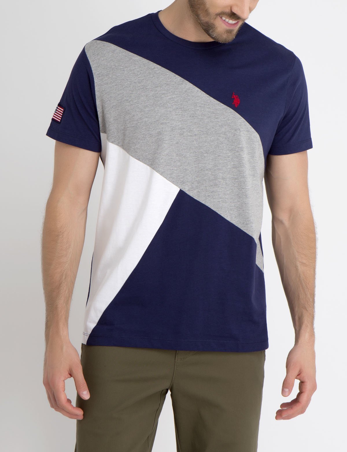 Color Block Cotton Tee with American Flag & Crew Neck | Casual Short Sleeve