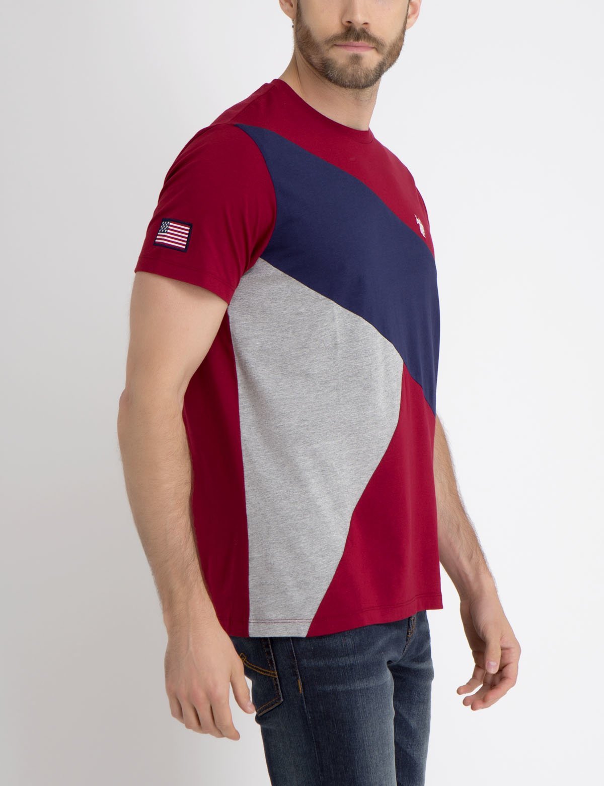 Color Block Cotton Tee with American Flag & Crew Neck | Casual Short Sleeve