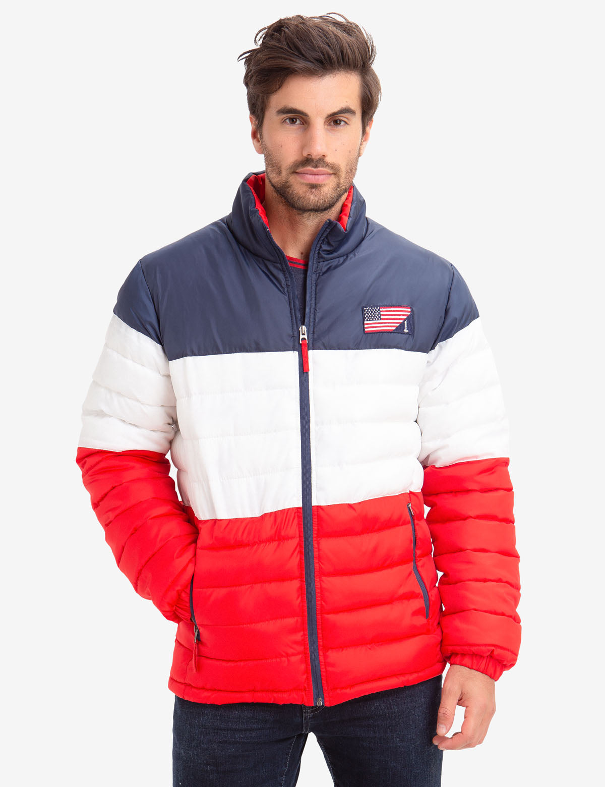 Colorblock Puffer Jacket with American Flag Patch | USPA