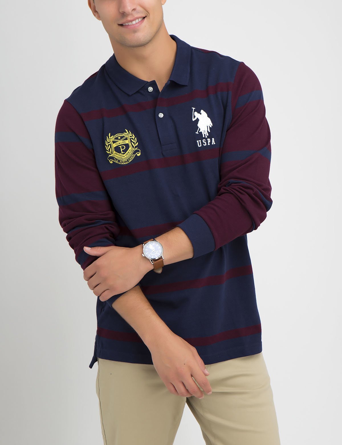 Contrast Stripe Long Sleeve Polo Shirt | 100% Cotton Pique