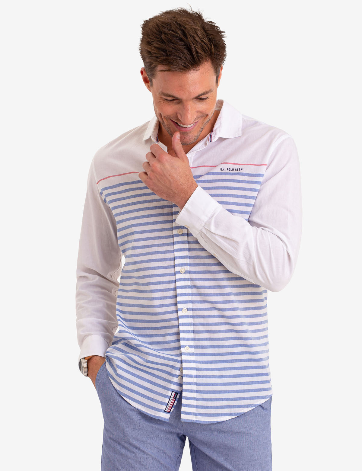Contrast Striped Long Sleeve Button-Up Shirt | 100% Cotton Classic Fit