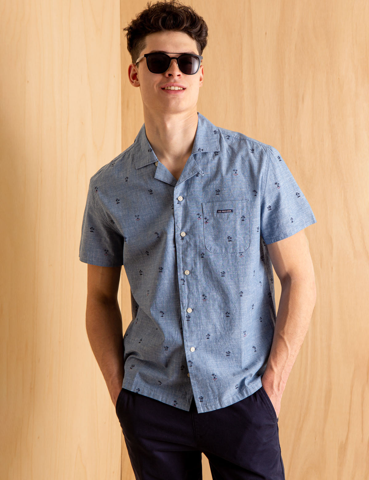 Convertible Collar Cotton Shirt with Palm Tree Print | U.S. Polo Assn.