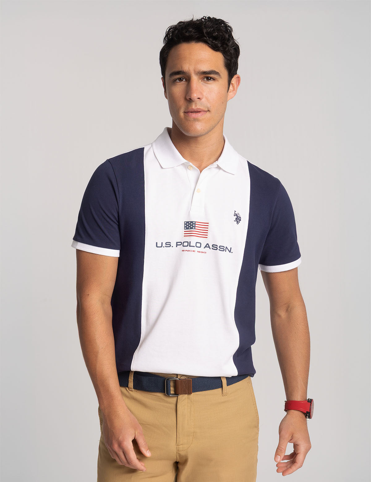Color Block Pique Polo Shirt with Chest Flag Design