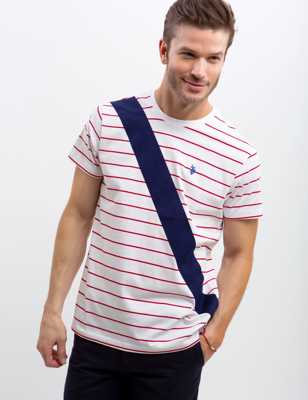 Diagonal Striped Cotton Crew Neck T-Shirt | Embroidered Logo
