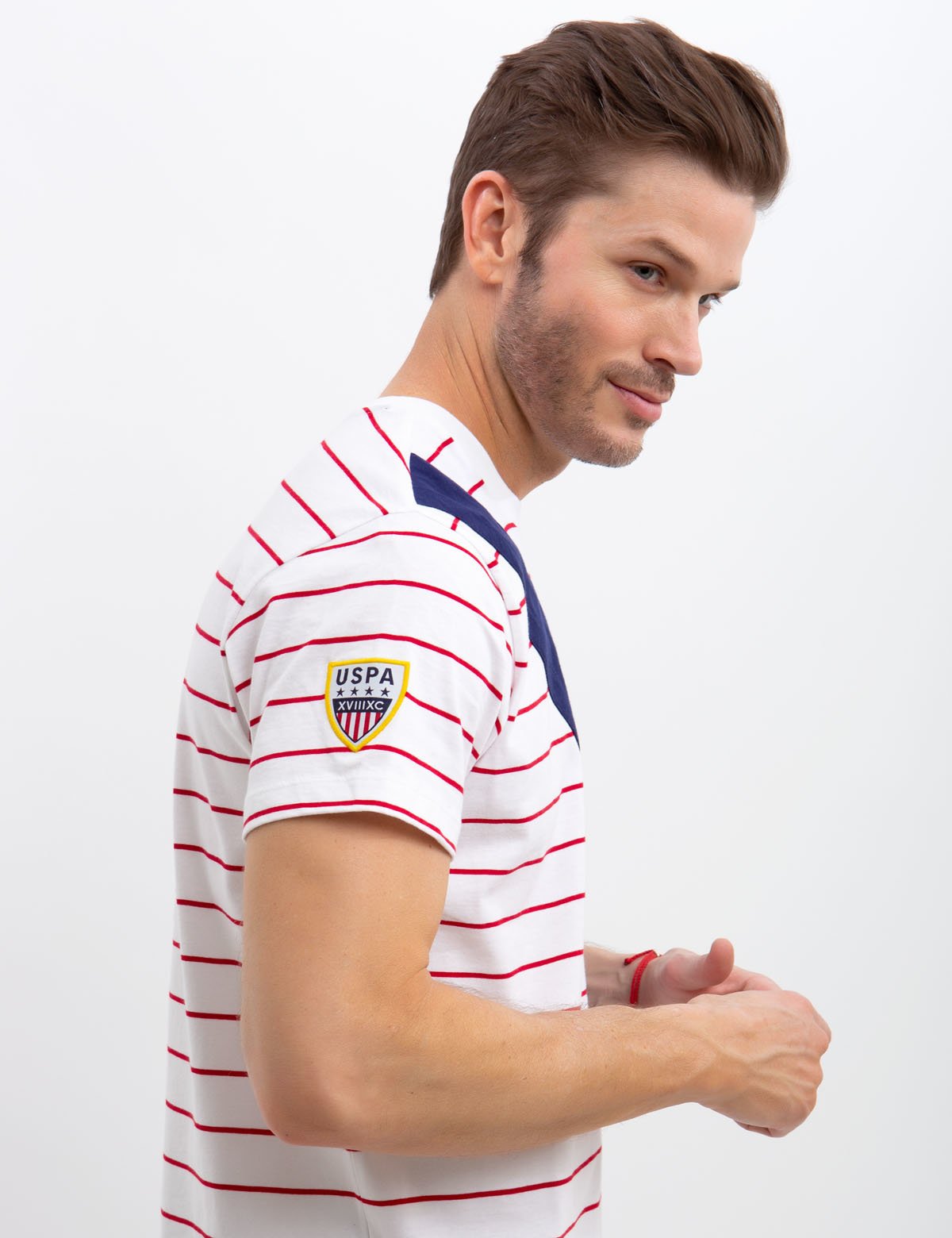 Diagonal Striped Cotton Crew Neck T-Shirt | Embroidered Logo