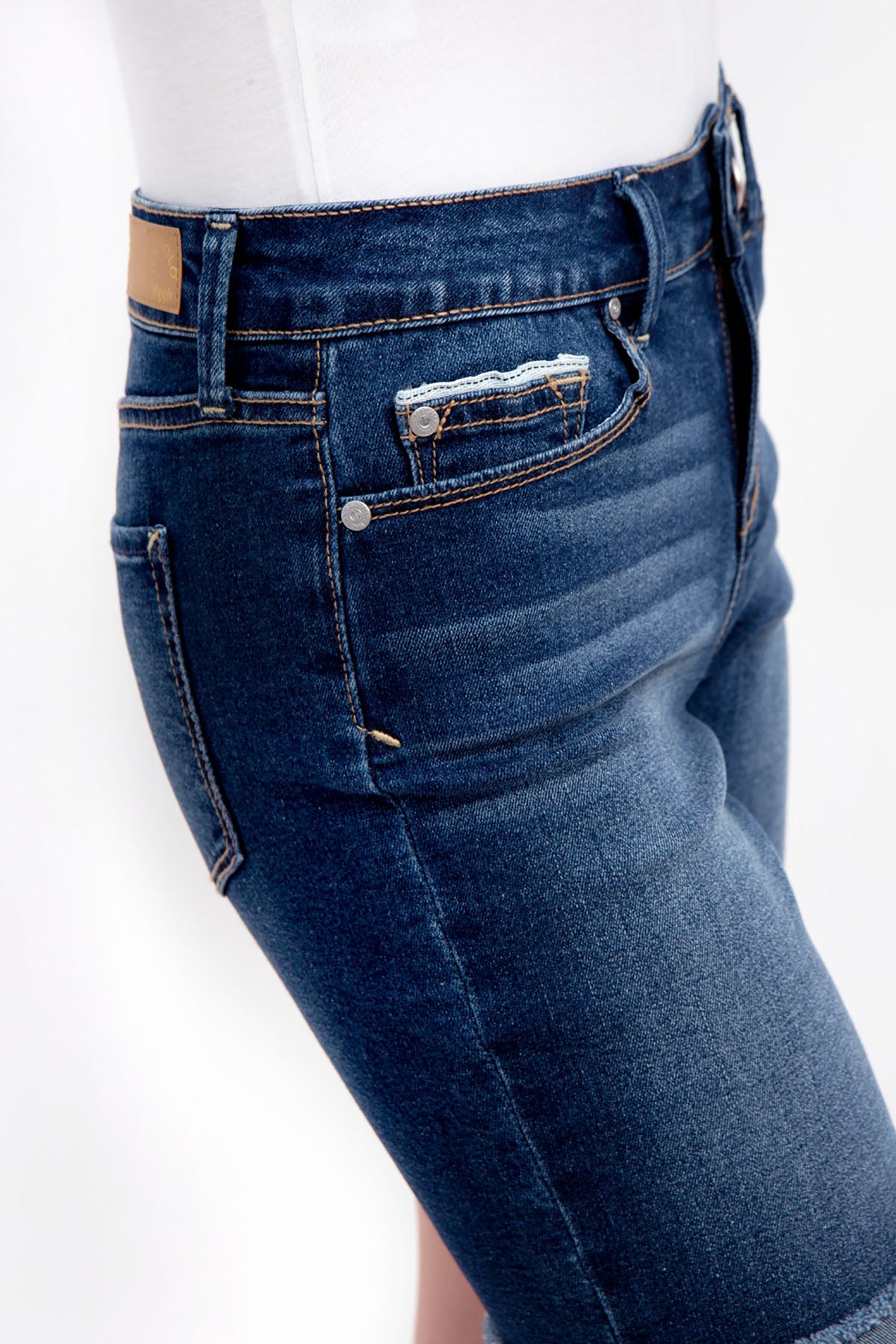 Denim Bermuda Shorts with Button & Zipper Closure | Rolled Hem Style