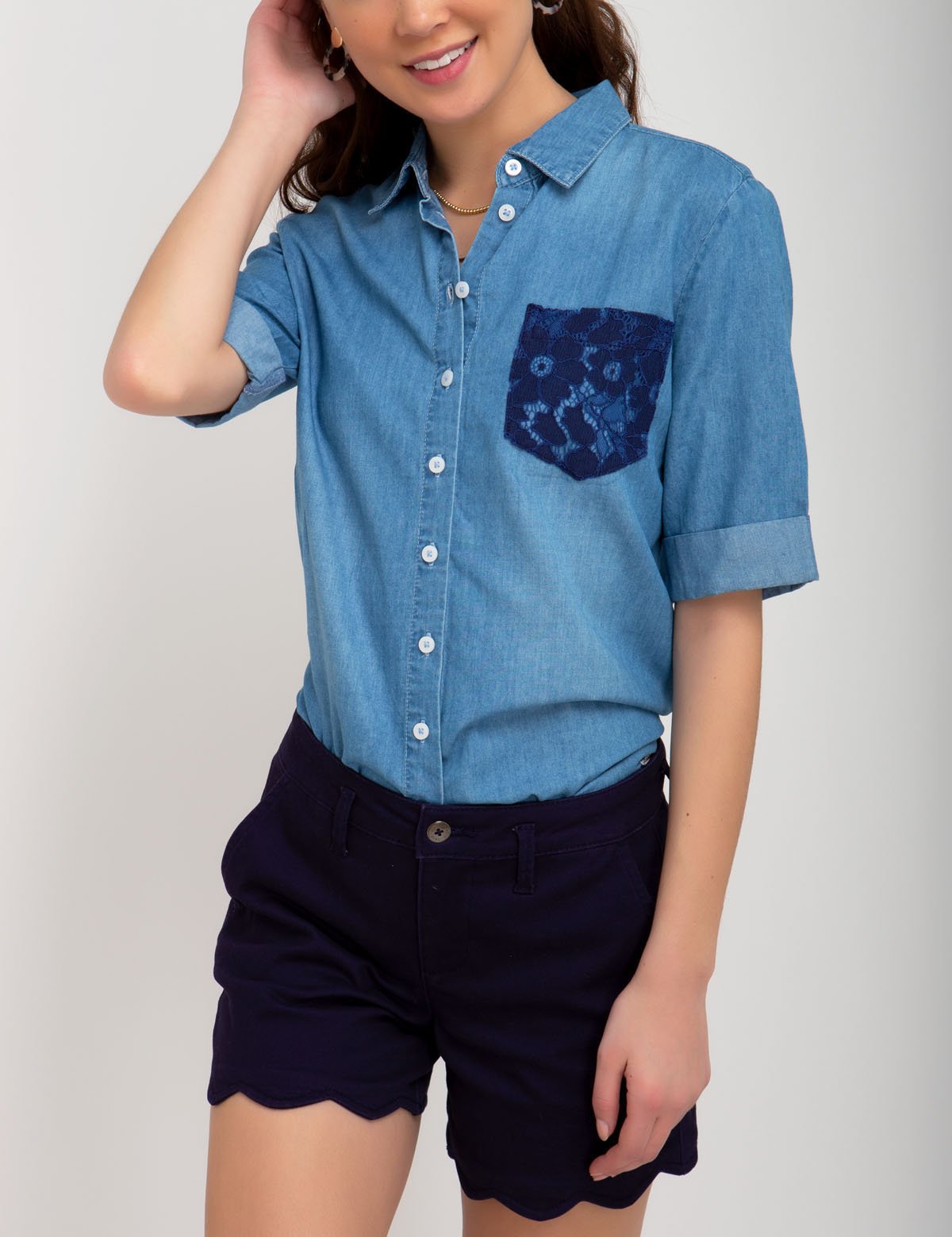 Denim Shirt with Lace Pocket & Back Vent | Casual Short Sleeve