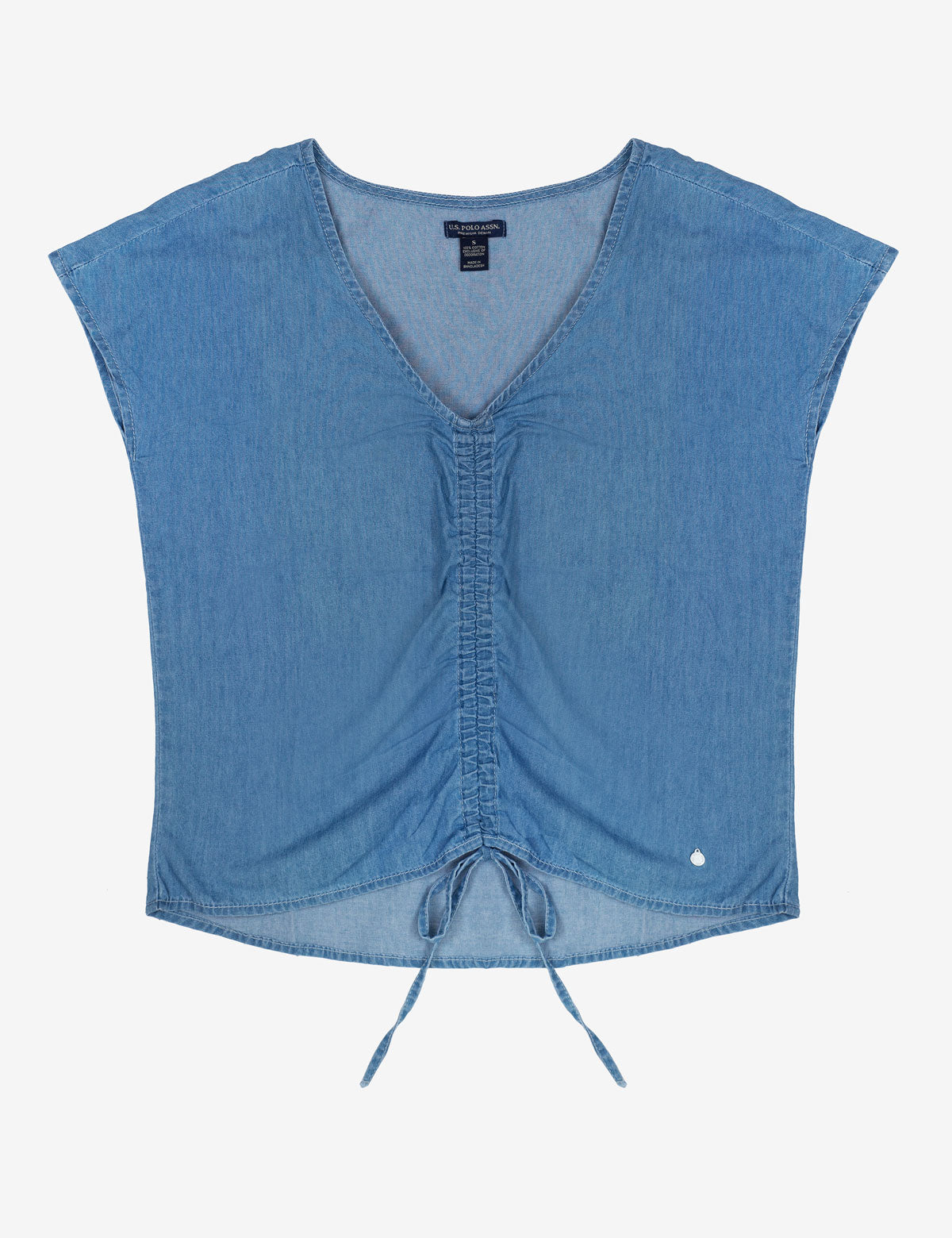 Denim Ruched V-Neck Sleeveless Top with Front Tie Detail