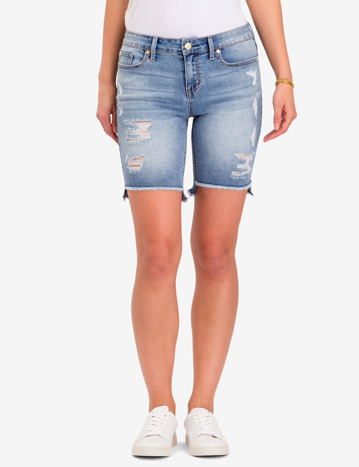 Distressed Denim Shorts with 7" Inseam & Button Fly | Below Waist Fit