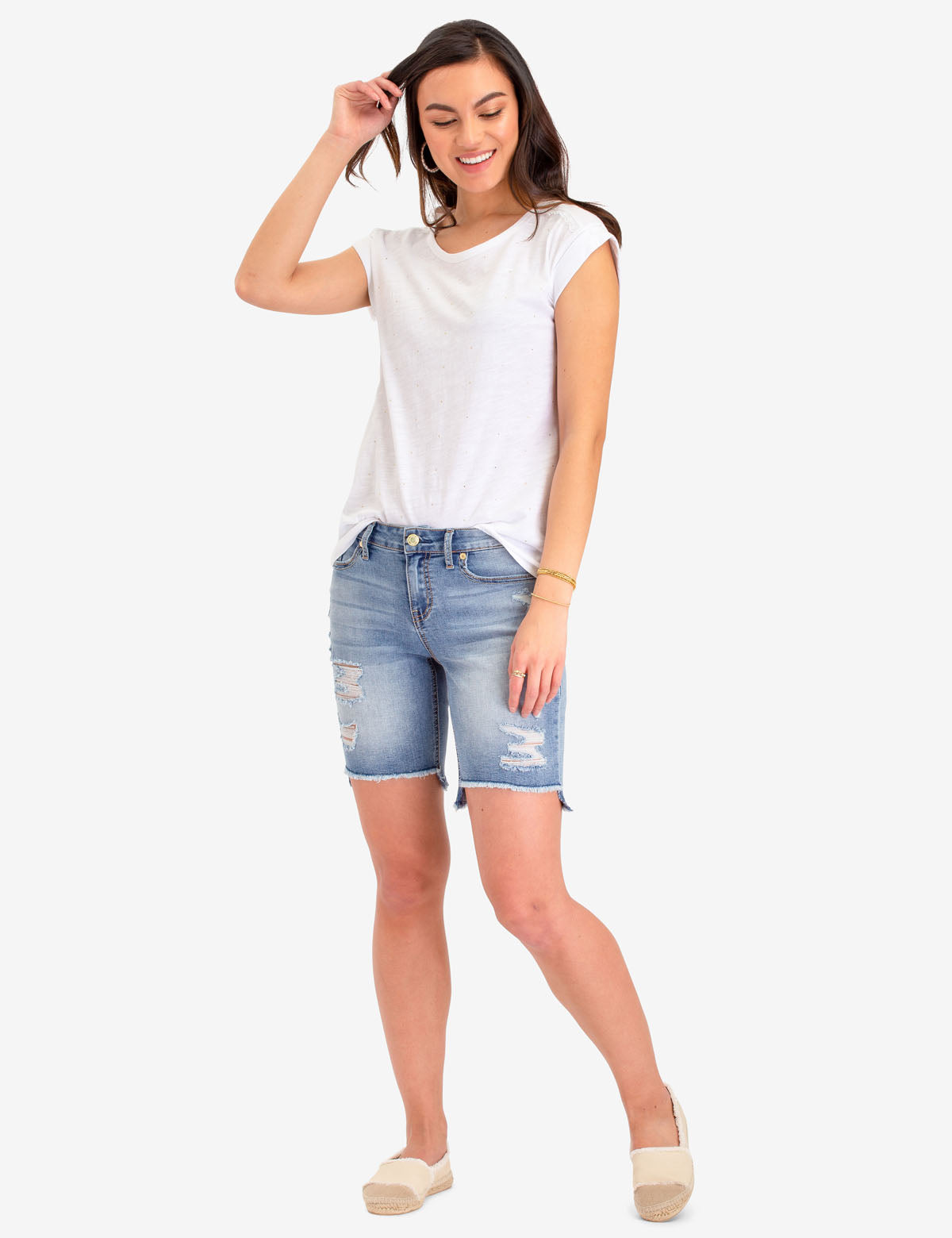 Distressed Denim Shorts with 7" Inseam & Button Fly | Below Waist Fit
