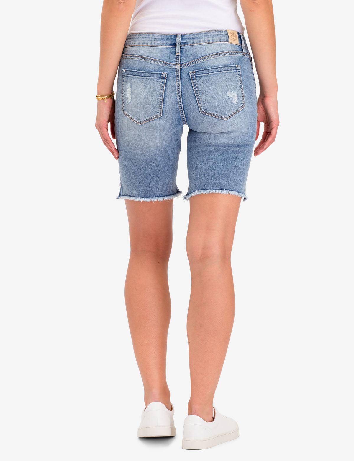 Distressed Denim Shorts with 7" Inseam & Button Fly | Below Waist Fit