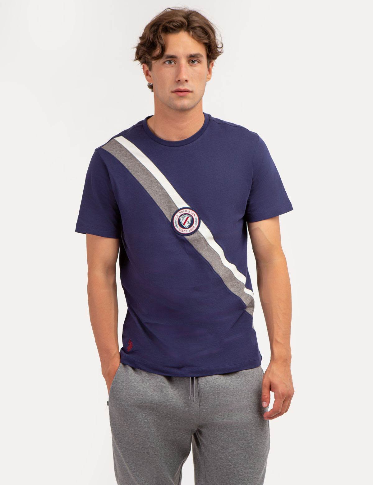 Diagonal Crew Neck T-Shirt with Patch | Casual Cotton Tee