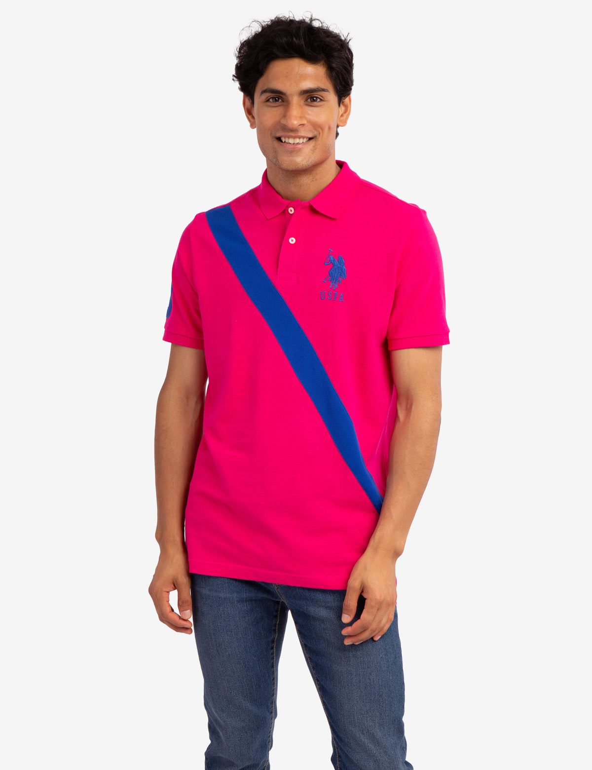 Diagonal Stripe Polo Shirt with Button Placket & Ribbed Cuffs