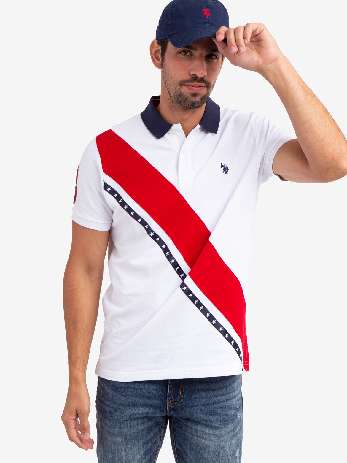 Diagonal Stripe Polo Shirt with Button Placket & Ribbed Cuffs
