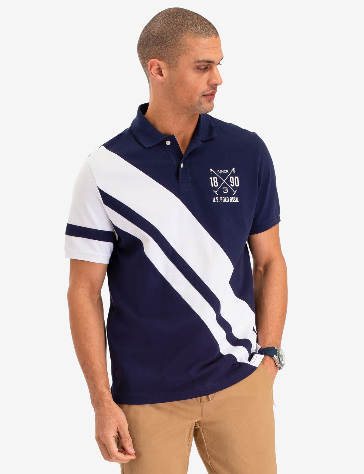Diagonal Stripe Polo Shirt with Embroidered Logo & Ribbed Cuffs